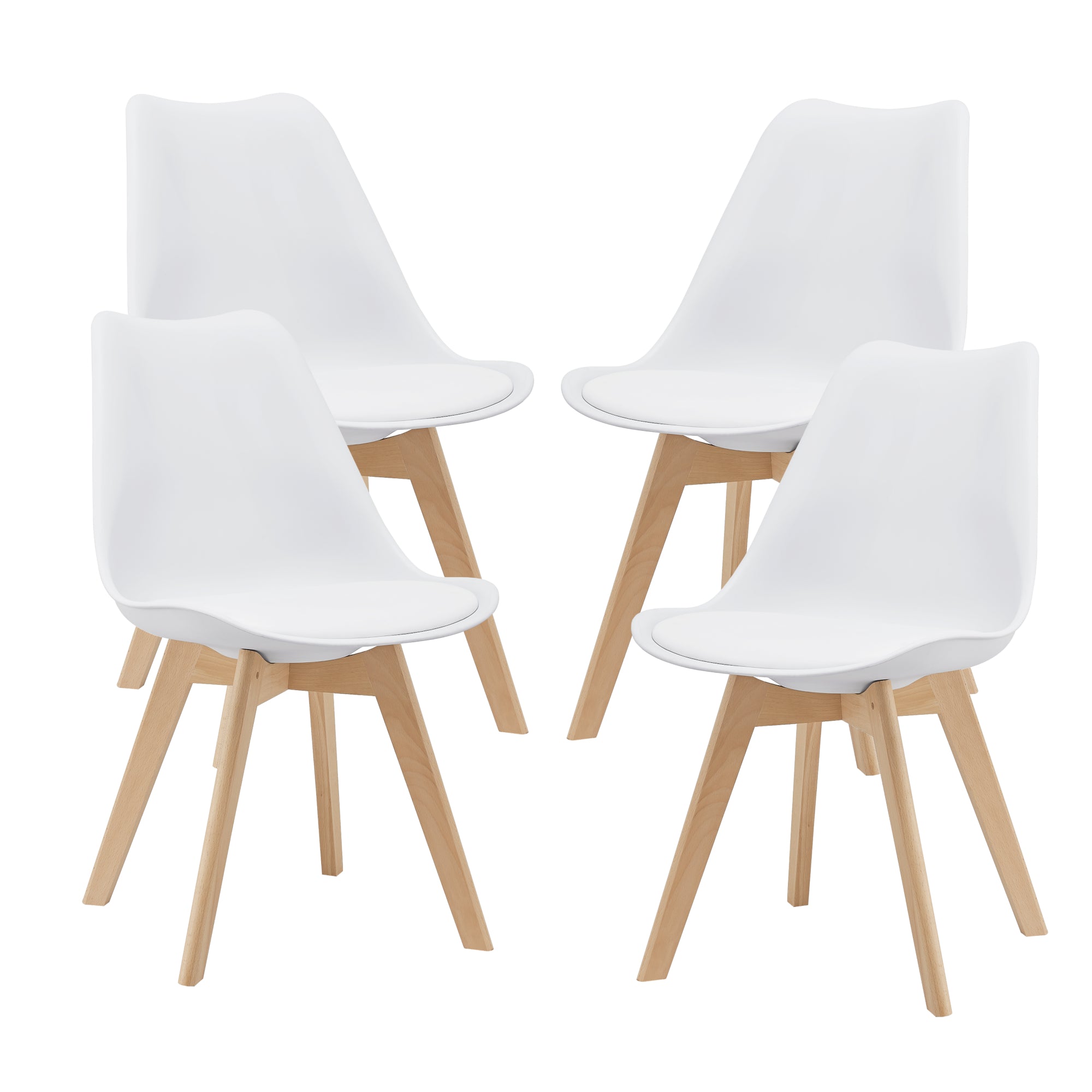 Set di 4 Sedie da Sala Pranzo con Gambe in Legno Massello di Faggio Seduta Imbottita e Rivestita in Similpelle - Bianco