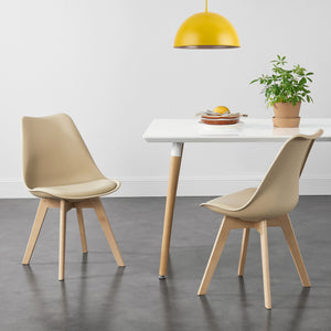 Set di 6 Sedie da Sala Pranzo con Gambe di Legno Massello di Faggio Seduta Imbottita e Rivestita in Similpelle - Beige