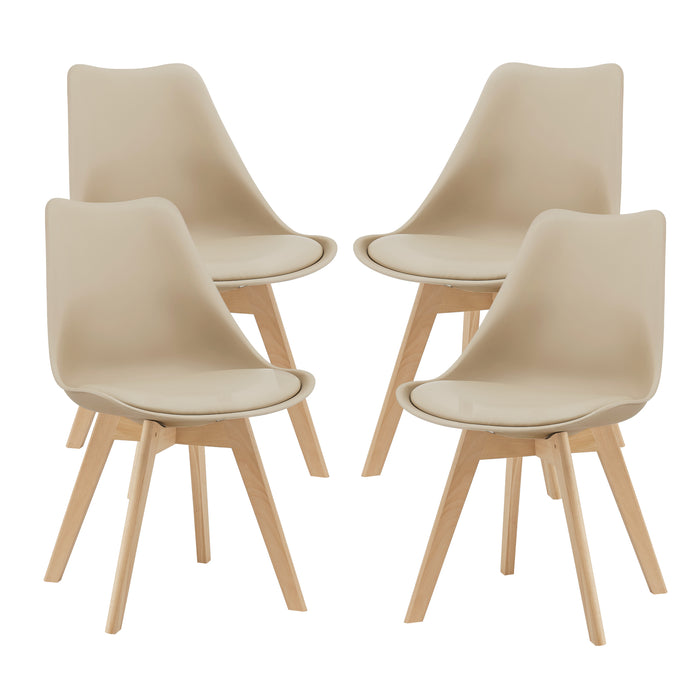 Set di 4 Sedie da Sala Pranzo con Gambe in Legno Massello di Faggio Seduta Imbottita e Rivestita in Similpelle - Beige