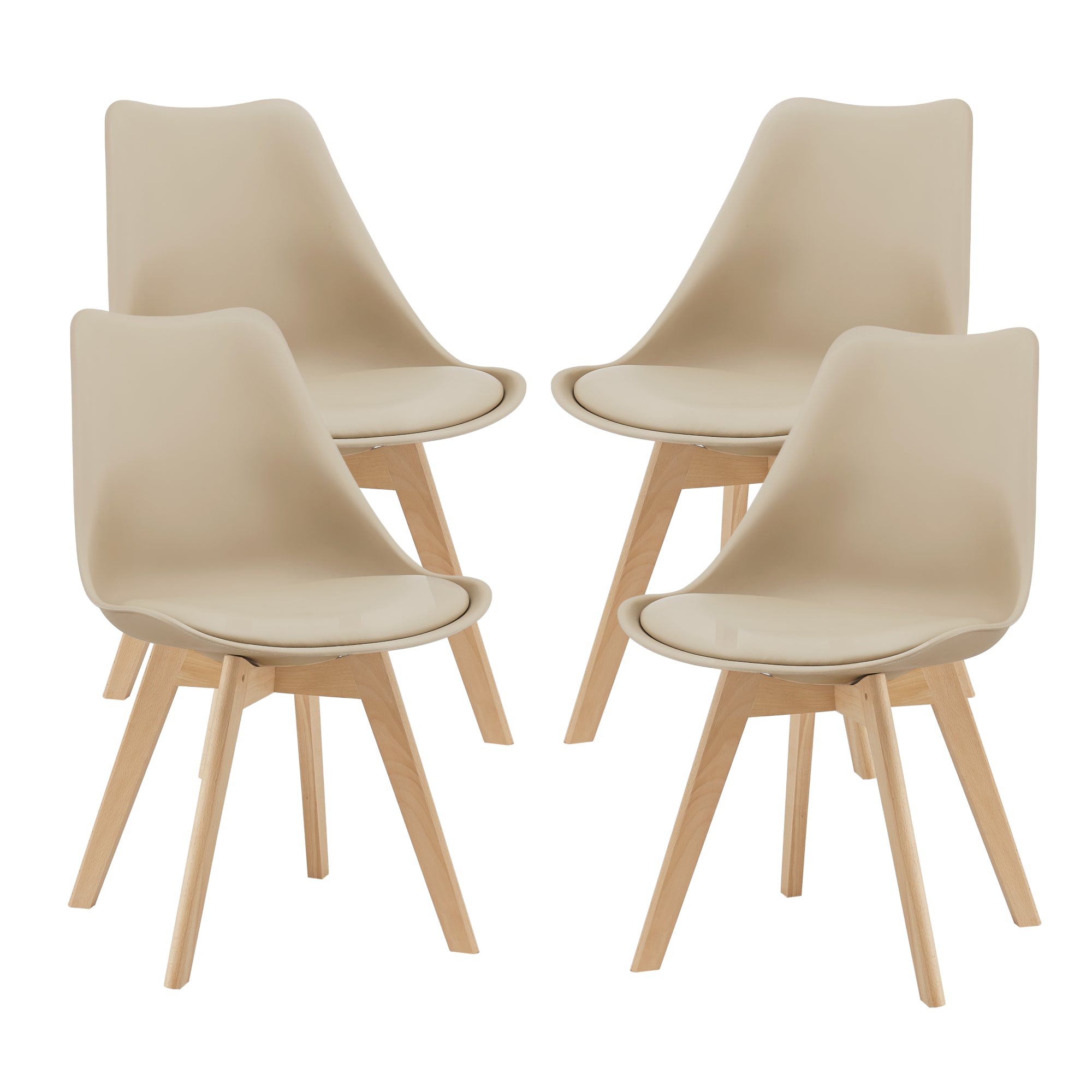 Set di 4 Sedie da Sala Pranzo con Gambe in Legno Massello di Faggio Seduta Imbottita e Rivestita in Similpelle - Beige