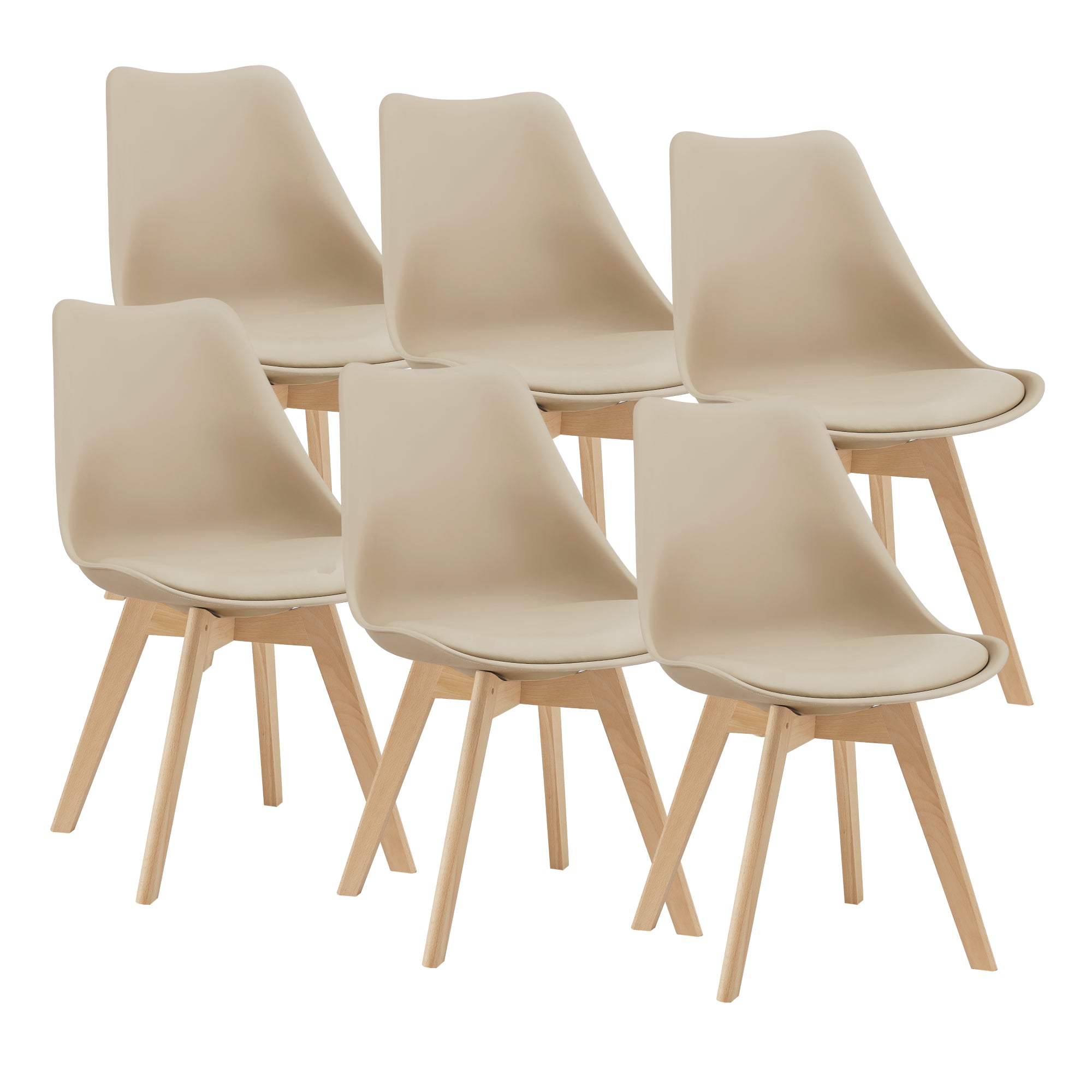 Set di 6 Sedie da Sala Pranzo con Gambe di Legno Massello di Faggio Seduta Imbottita e Rivestita in Similpelle - Beige