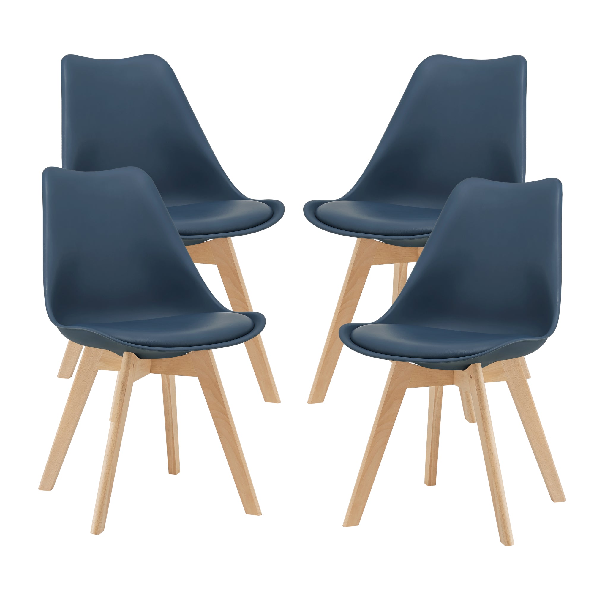 Set di 4 Sedie da Sala Pranzo con Gambe in Legno Massello di Faggio Seduta Imbottita e Rivestita in Similpelle - Blu