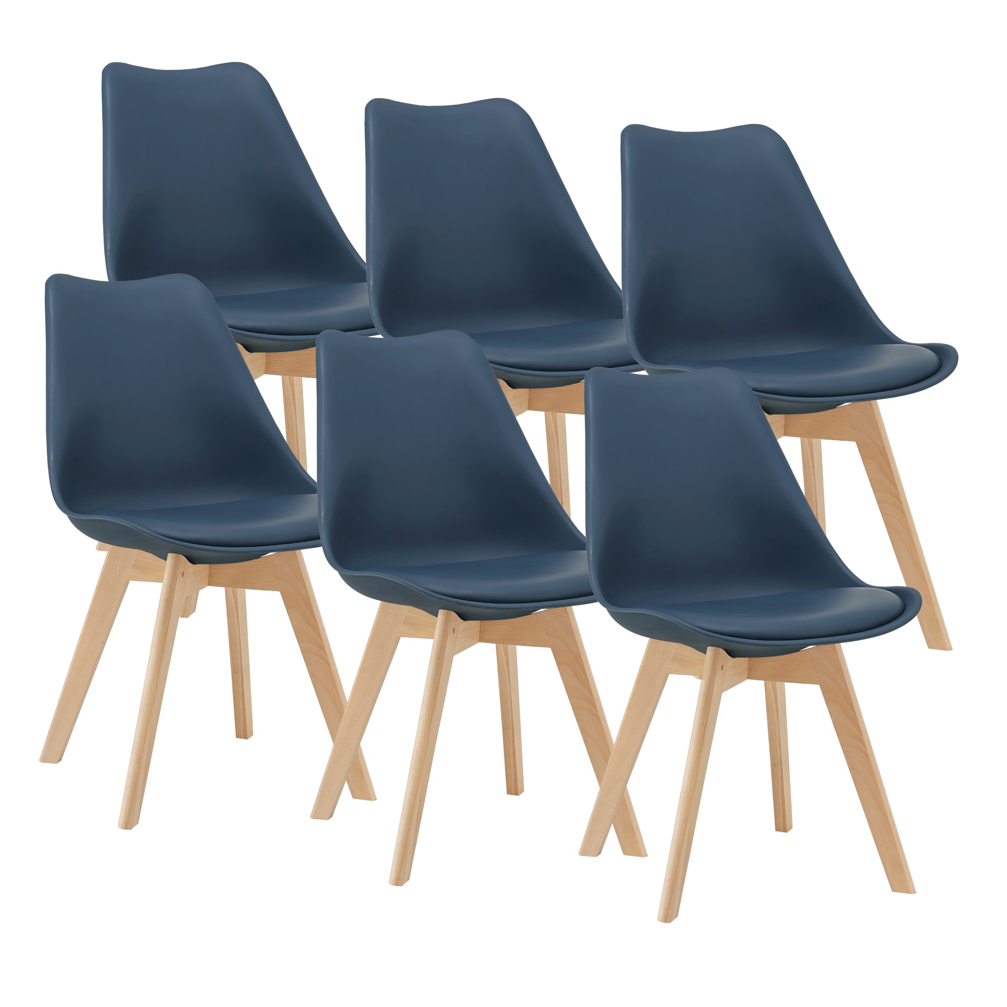 Set di 6 Sedie da Sala Pranzo con Gambe di Legno Massello di Faggio Seduta Imbottita e Rivestita in Similpelle - Blu