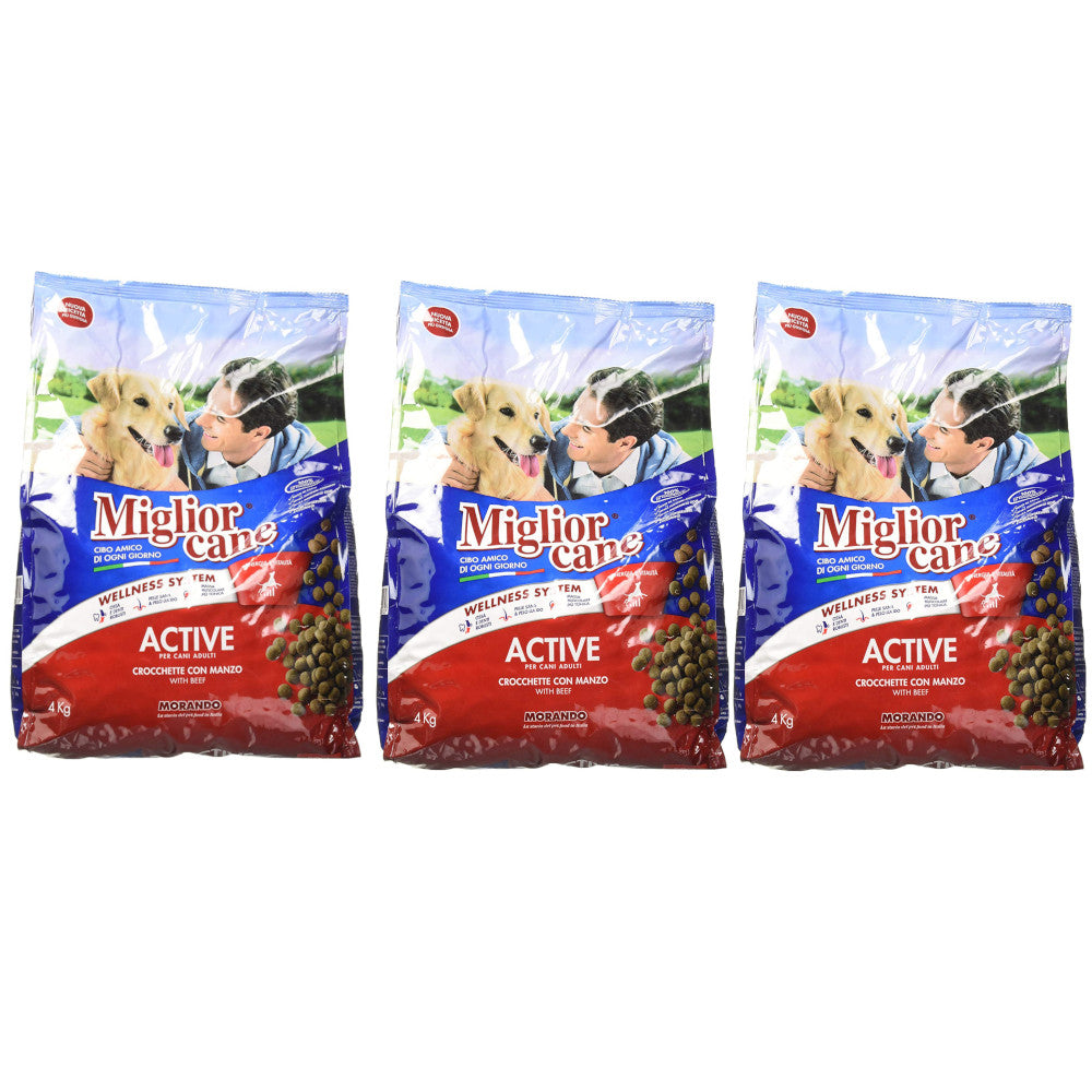 Multipack da 3 pz di croccantini morando linea miglior cane active gusto manzo 4 kg ciascuno