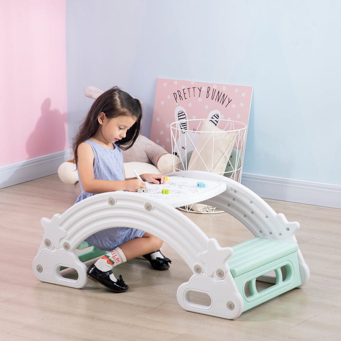 Set 2 in 1 Dondolo e Tavolo con Sedie per Bambini 100x54x42 cm in HDPE Grigio e Verde