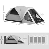 Tenda da Campeggio 4 Posti Impermeabile con Zona Notte e Zona Giorno 430x300x190 cm in Poliestere Grigio