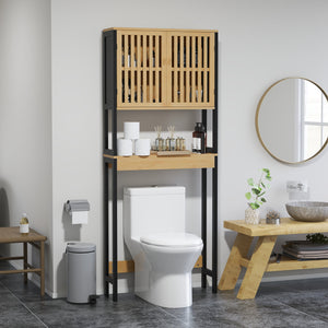 Mobile Sopra WC con Armadietto 2 Ante a Doghe e Ripiano Aperto 60x21,5x172 cm in Bambù e MDF Legno Naturale e Nero