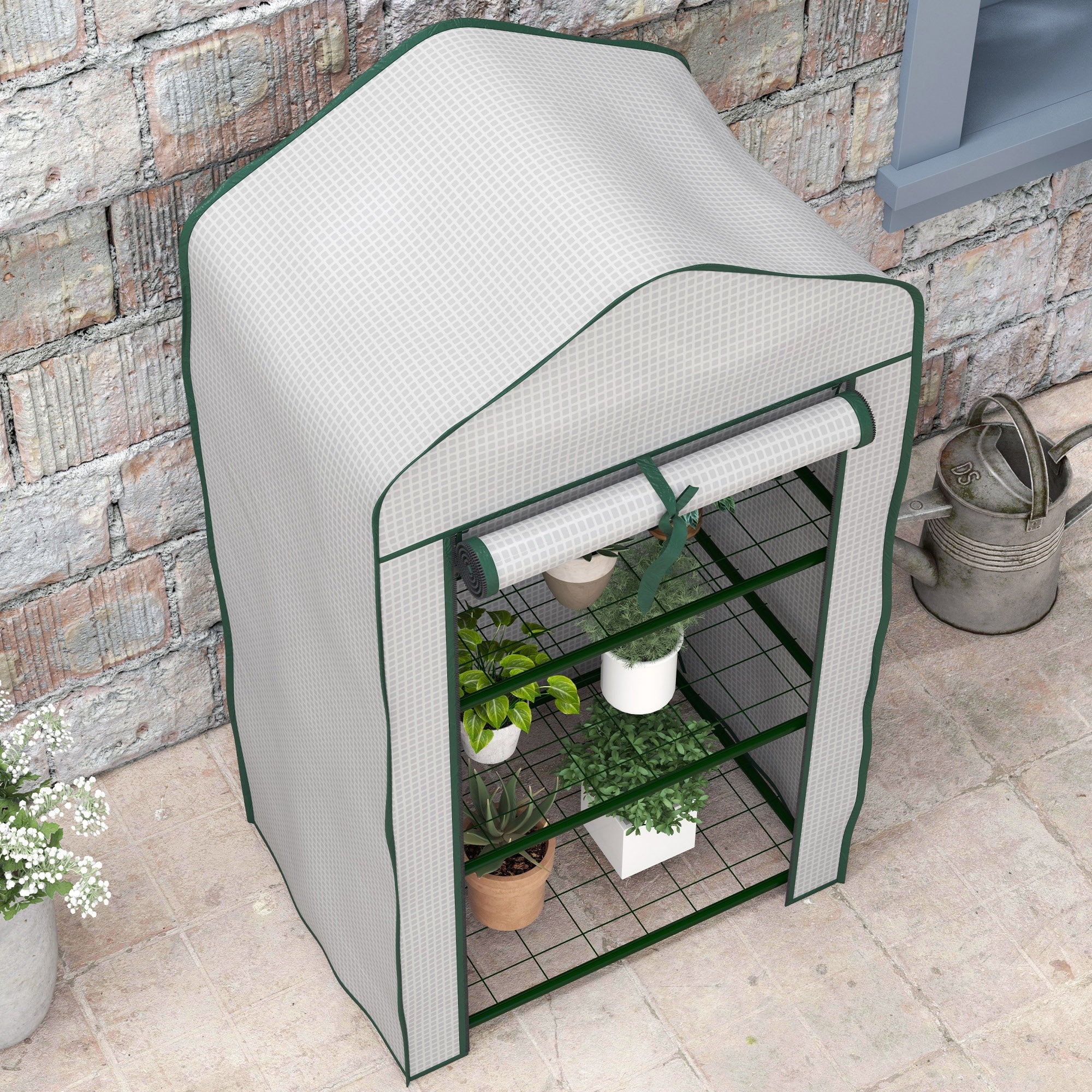 Mini Serra da Giardino con Copertura in PE 59x39x127cm 3 Ripiani e Porta Avvolgibile Bianco