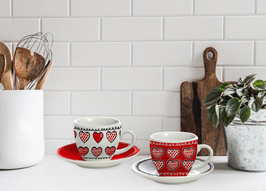 Servizio Tazzine Caff&egrave; Set 6 Pezzi Tazza Espresso Con Piattino E Manico Lovely Heart