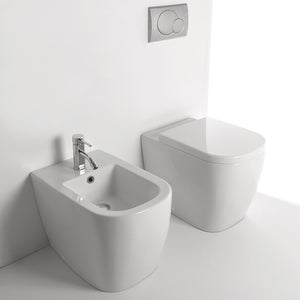 Sanitari in ceramica a pavimento filo parete vaso wc + bidet + sedile made in italy *** accessori con sedile standard...