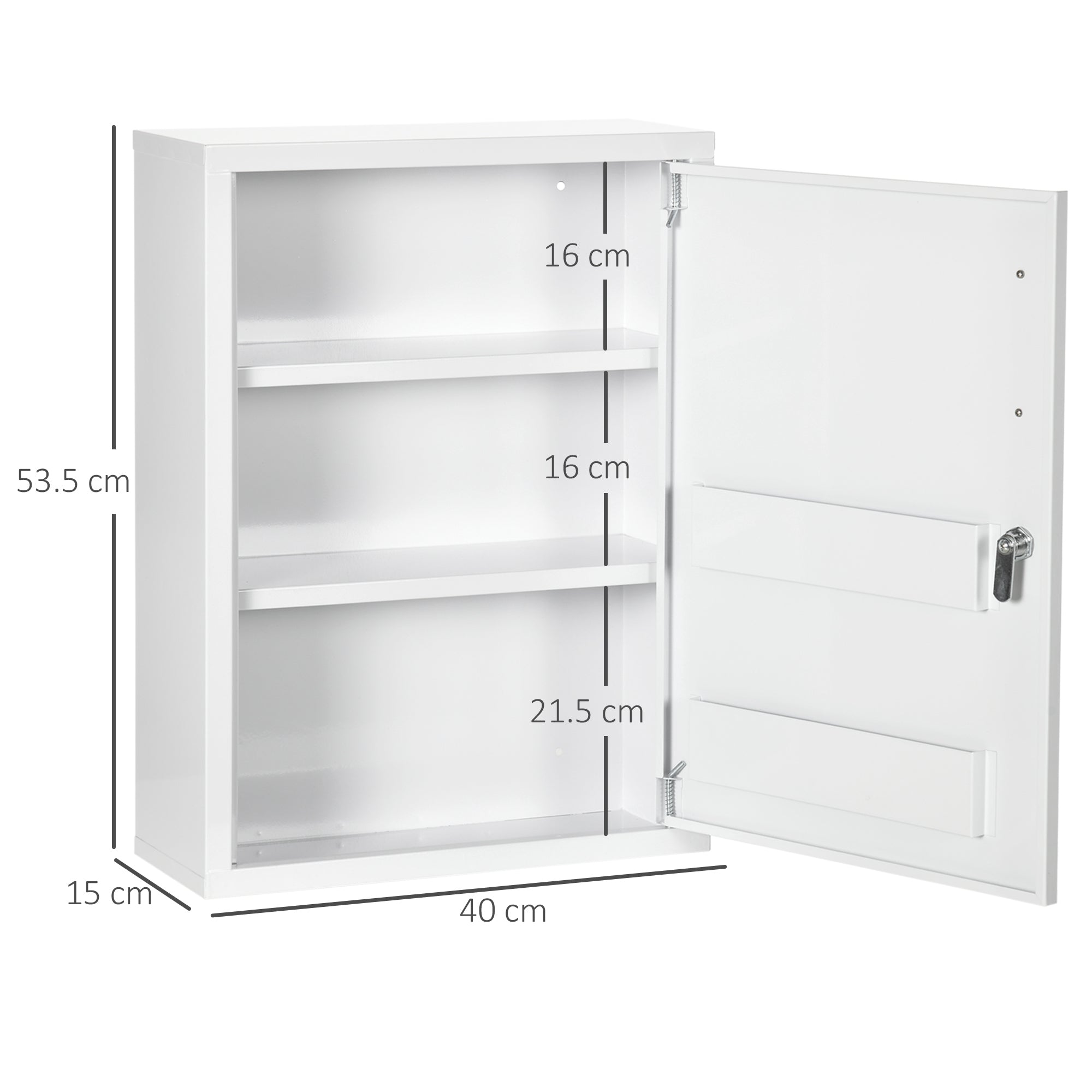 Armadietto Medicinali a 3 Ripiani con Serratura e 2 Chiavi 40x15x53,5 cm in Acciaio Bianco