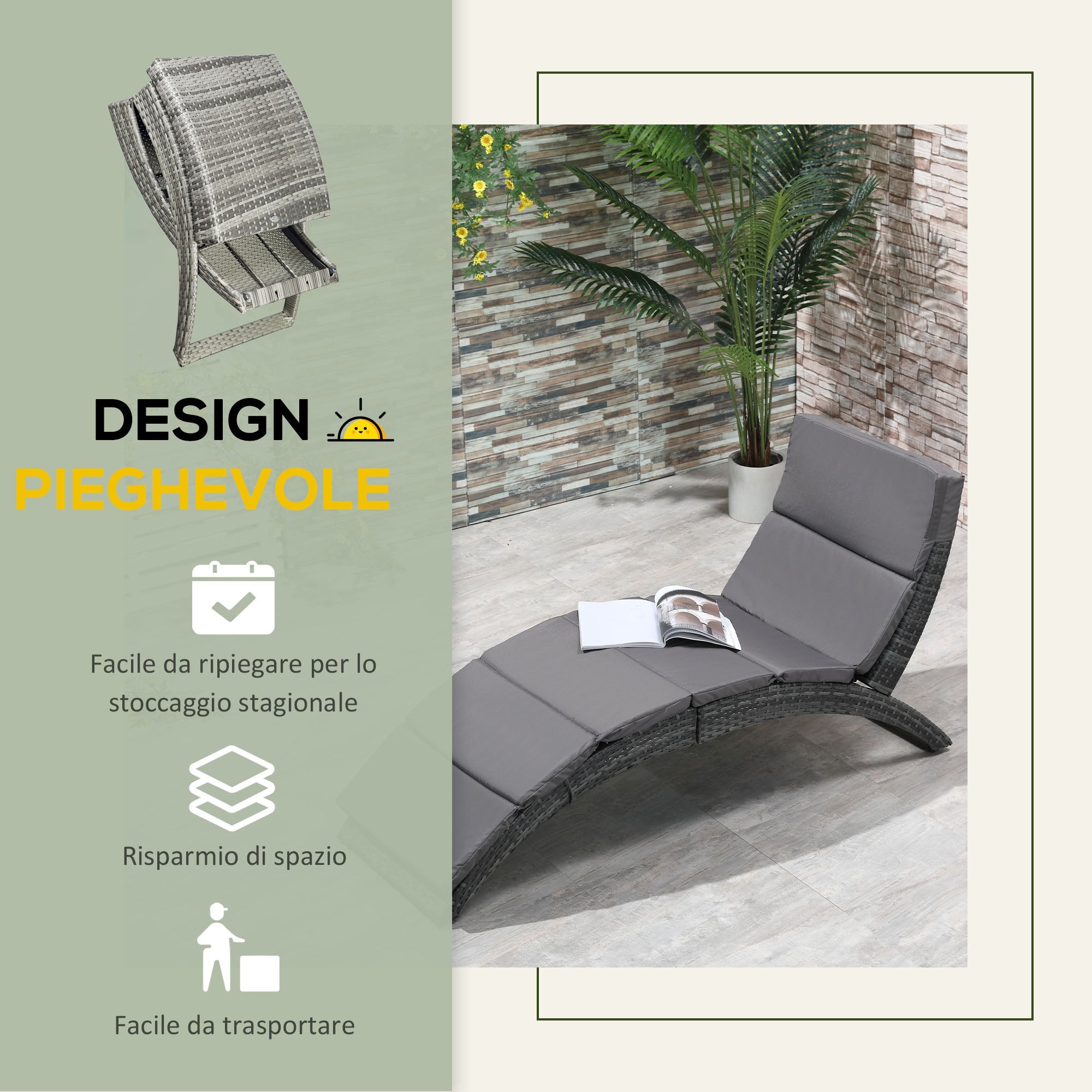 Lettino Prendisole da Giardino Pieghevole 59x156x78 cm in Rattan PE Ergonomica  Grigio