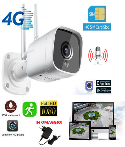 TELECAMERA IP CAM WIFI 4G 3G SIM GSM ESTERNO SLOT SD 2MPX 1080P FULL HD 3.6mm IP66