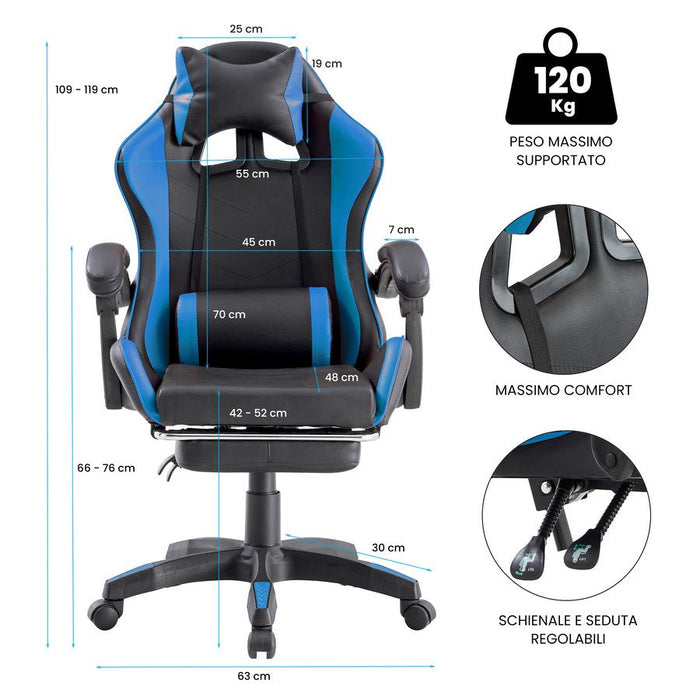 Sedia da Gaming Ergonomica in Similpelle Blu/Nera