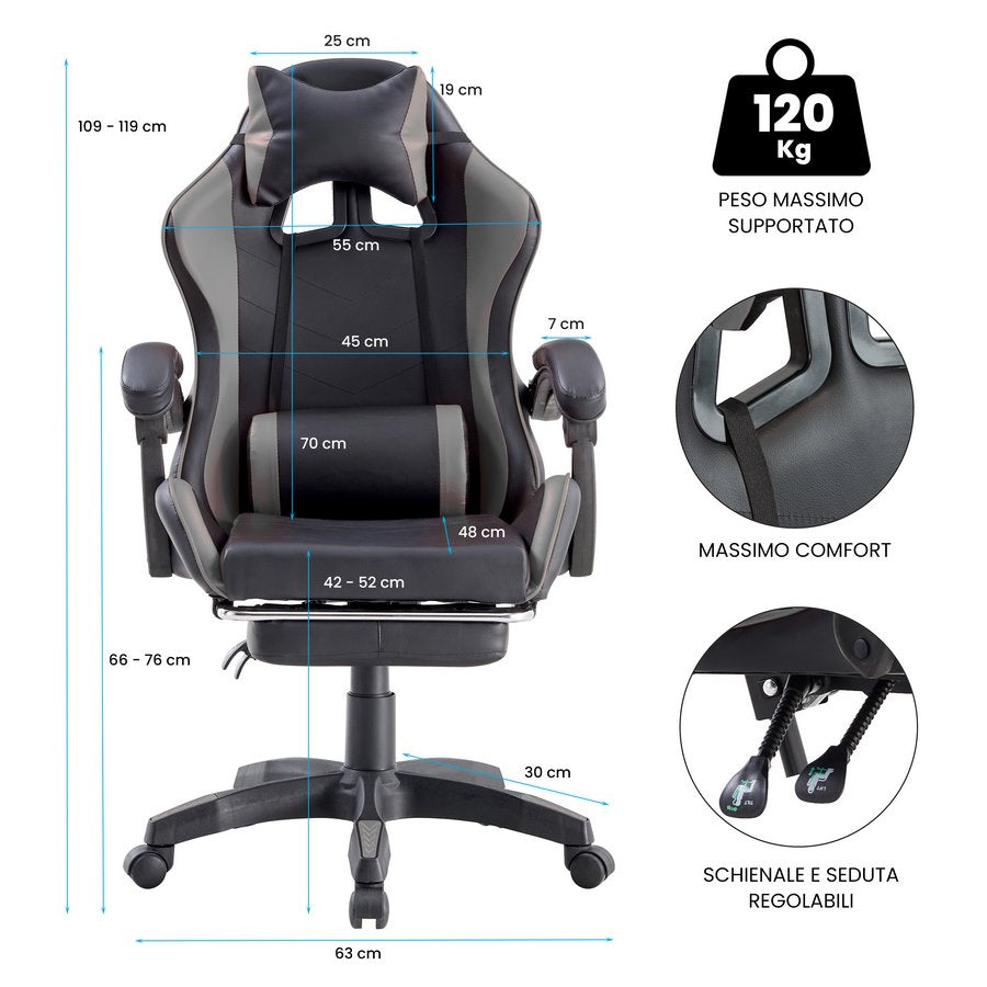 Sedia gaming ufficio poltrona racing ergonomica girevole grigia e nera