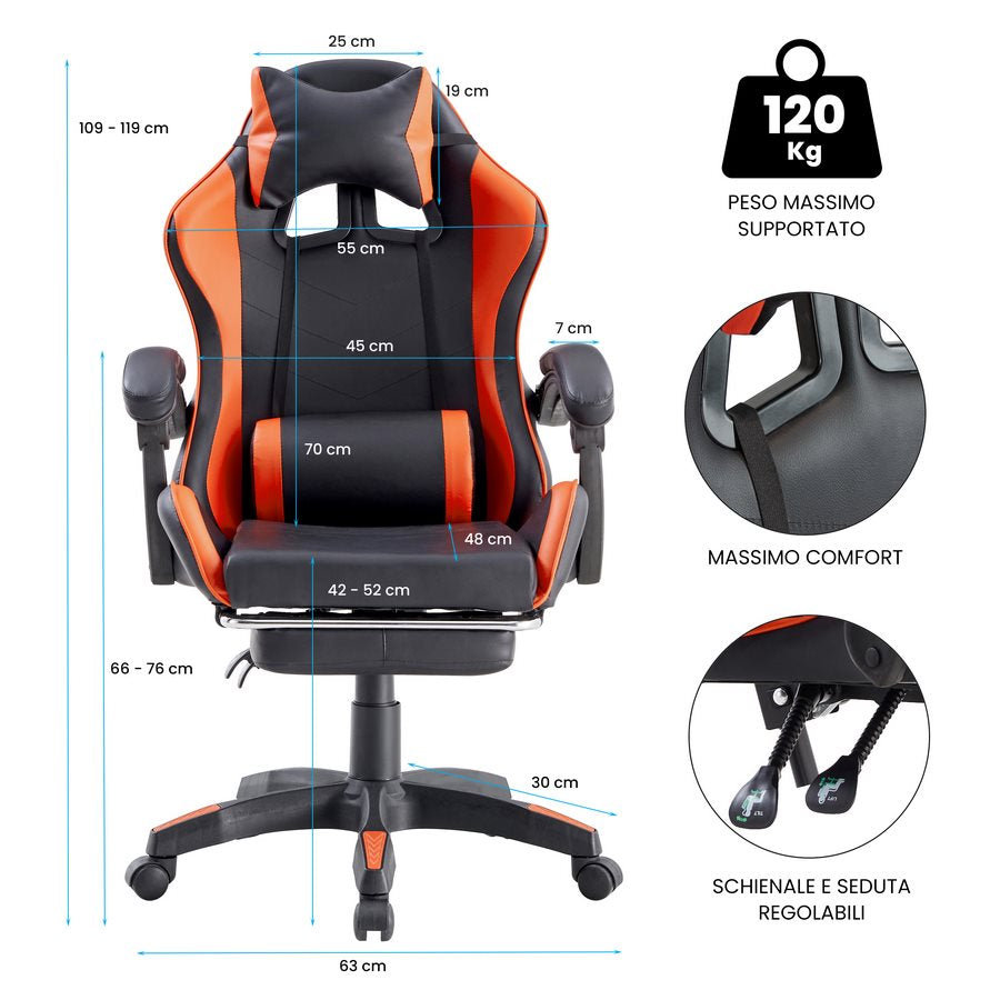 Sedia da Gaming Ergonomica in Similpelle Arancione/Nera