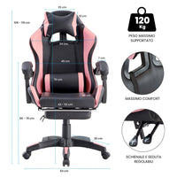 Sedia gaming rosa e nera con poggiapiedi estraibile