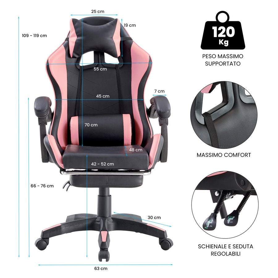 Sedia da Gaming Ergonomica in Similpelle Rosa/Nera