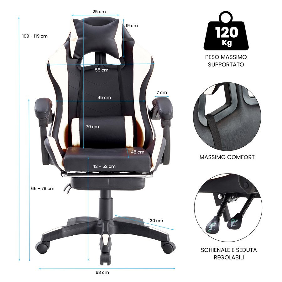 Sedia da Gaming Ergonomica in Similpelle Bianco/Nera