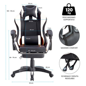 Sedia da Gaming Ergonomica in Similpelle Bianco/Nera