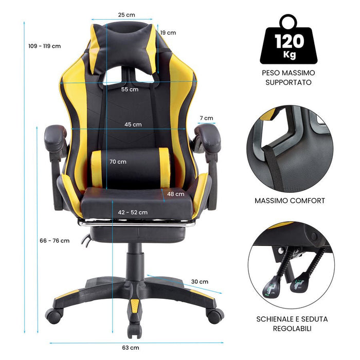 Sedia da Gaming Ergonomica in Similpelle Giallo/Nera