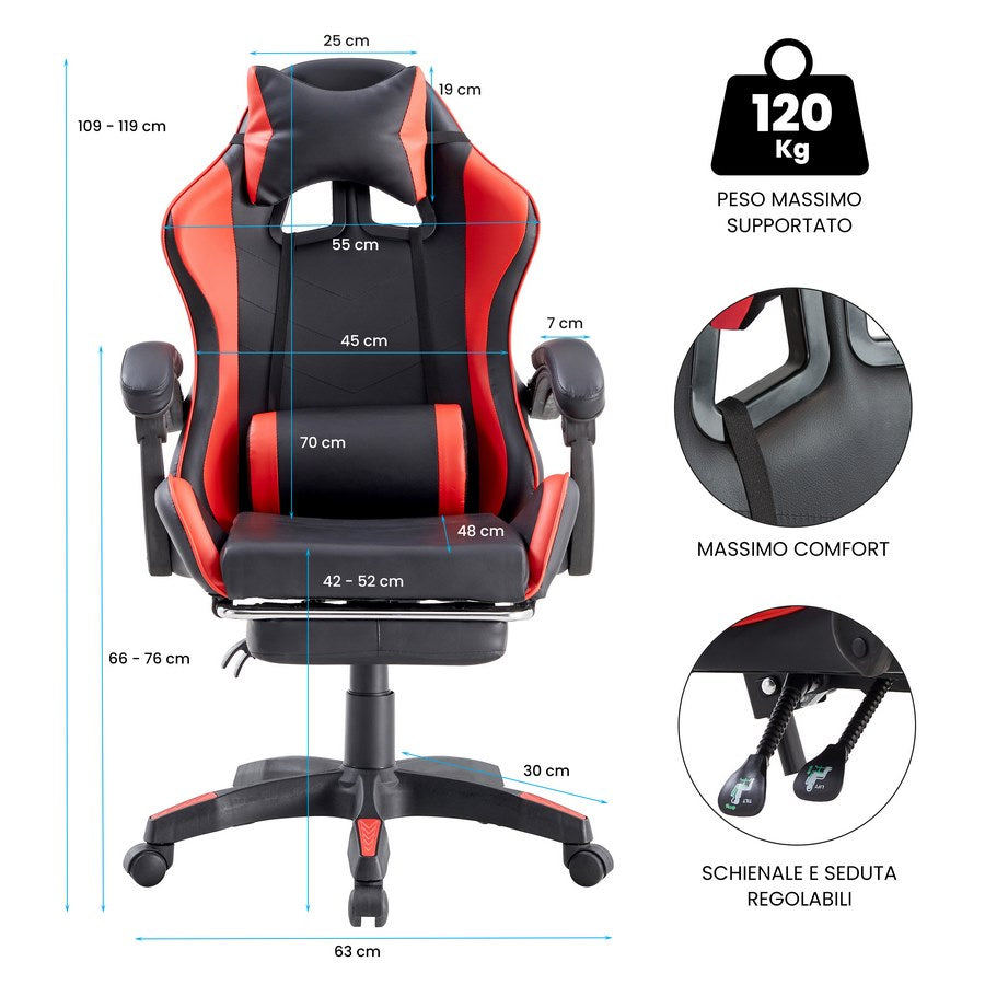 Sedia da Gaming Ergonomica in Similpelle Rosso/Nera