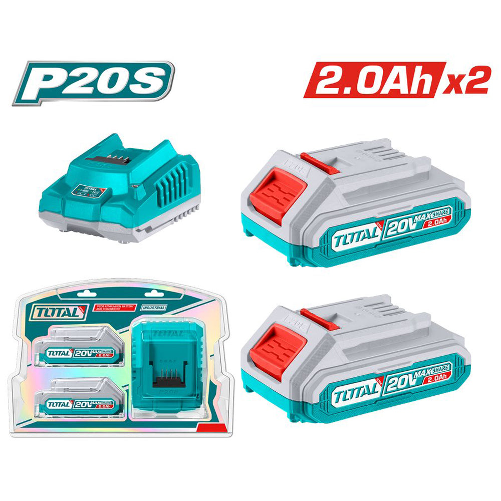 KIT SET 2PZ BATTERIE 20V 2Ah + CARICABATTERIE RAPIDO P20S IONI AL LITIO TOTAL