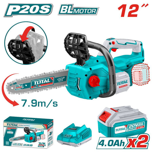 Motosega a batteria 20V catena 12" motore brushless con 2 Batterie 4Ah e 1 caricabatterie TOTAL - TGSLI201286