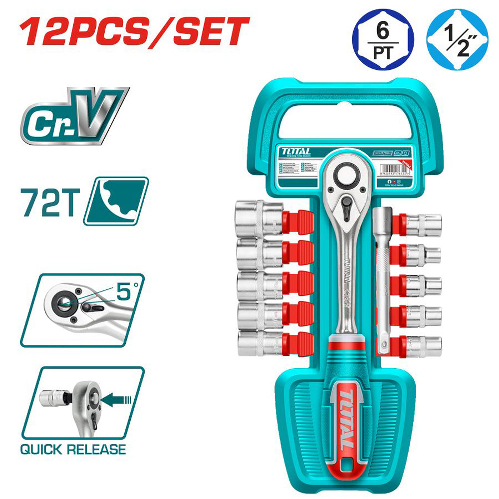 SET 12PZ CHIAVE A CRICCHETTO 1/2" 72T + 10 BUSSOLE ESAGONALI + BARRA 125mm TOTAL