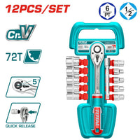 SET 12PZ CHIAVE A CRICCHETTO 1/2" 72T + 10 BUSSOLE ESAGONALI + BARRA 125mm TOTAL