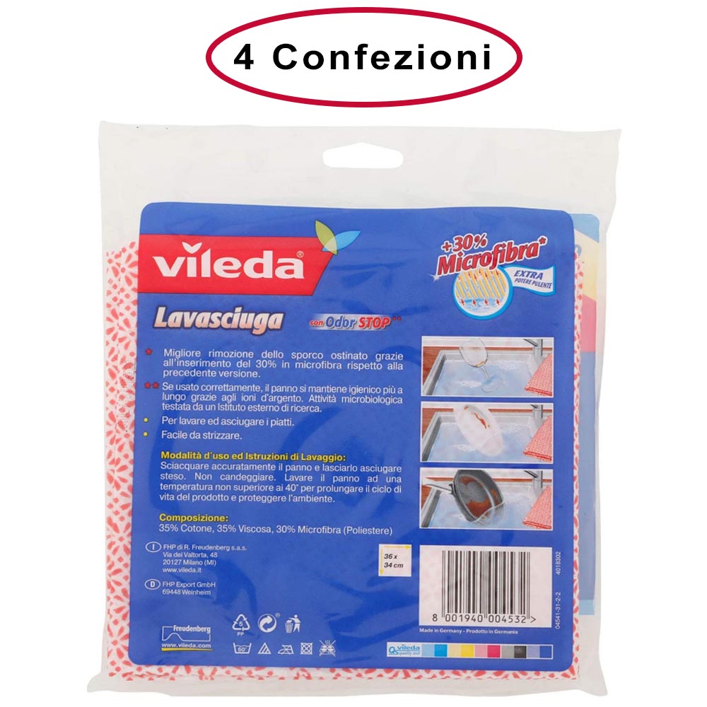 Vileda panno lavasciuga + 30% in microfibra multiuso 4 confezioni da 3 panni