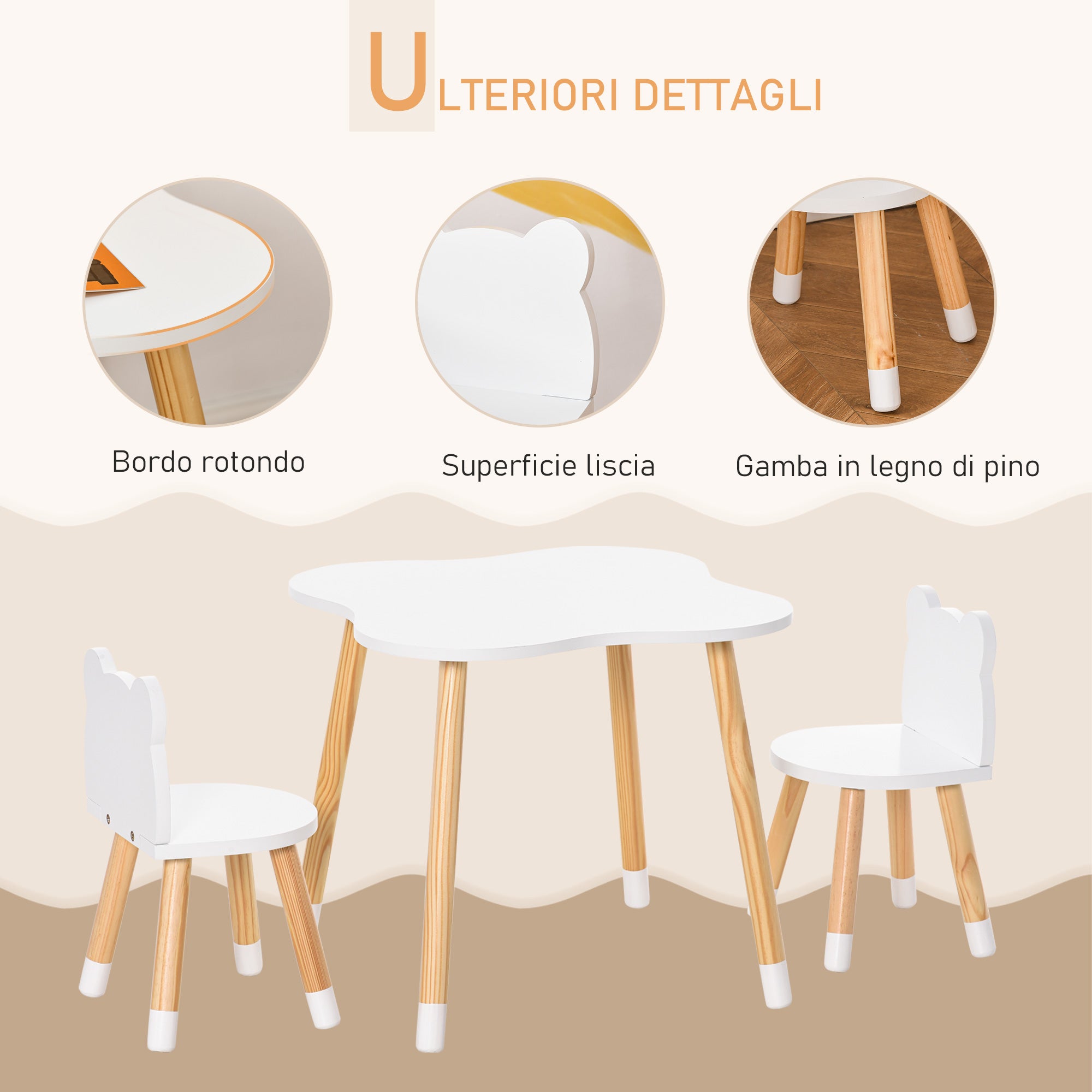 Set Tavolino con 2 Sedie per Bambini a Forma di Orsetto in Legno di Pino e MDF Bianco