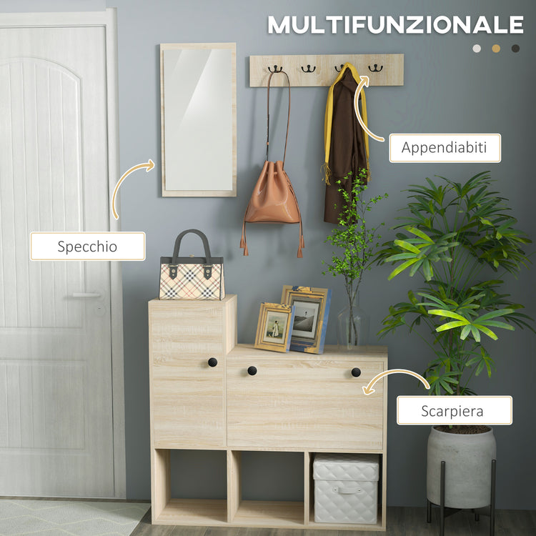 Mobile Ingresso 3 in 1 con Scarpiera Appendiabiti e Specchio Colore Legno Naturale e Nero