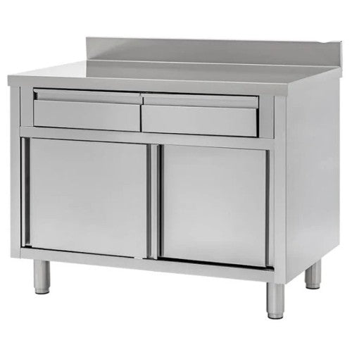 Tavolo 120x60x85 acciaio inox 430 armadiato alzatina cassetti ristorante RS4470