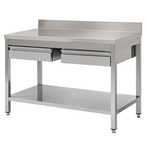 Tavolo 120x70x85 acciaio inox 430 su gambe ripiano alzatina cassetti RS4041