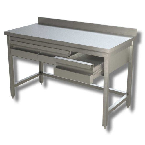 Tavolo 140x60x85 acciaio inox 430 su gambe alzatina cassetti ristorante RS4063