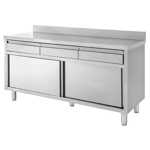 Tavolo 140x70x85 acciaio inox 430 armadiato alzatina cassetti ristorante RS4477