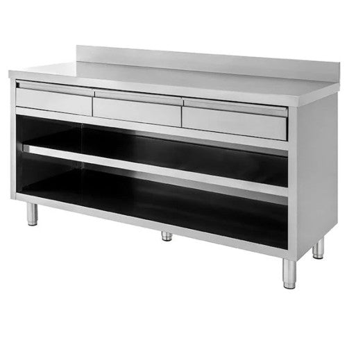 Tavolo 160x60x85 acciaio inox 430 a giorno ripiano alzatina cassetti RS4270