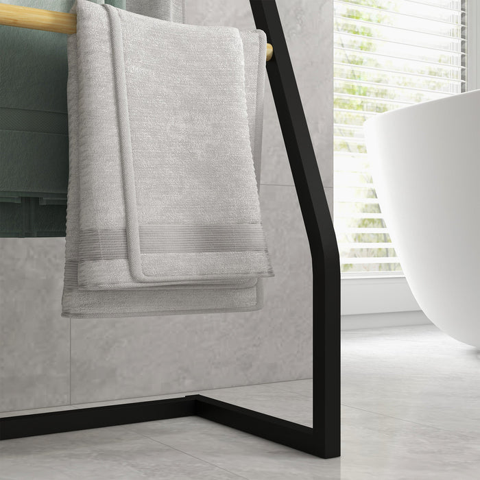 Piantana Portasciugamani da Bagno da Terra 4 Sbarre 40,5x28x98cm in Bambù e Acciaio Nero