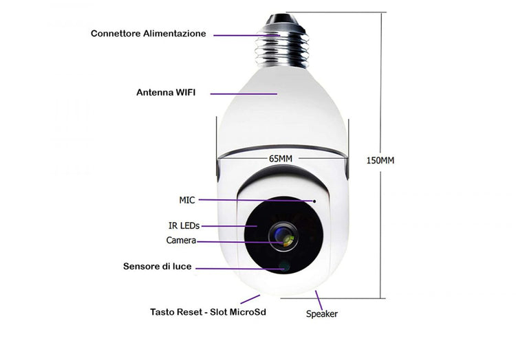 Telecamera WIFI da Interno Lampadina IP CAM 360 Videosorveglianza motorizzata JT8177