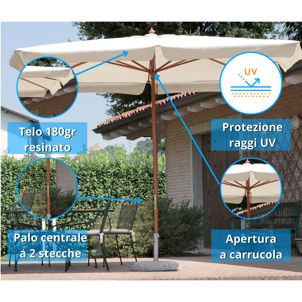 Ombrellone rettangolare da giardino 3×4 mt in legno con palo centrale con carrucola Tomaino 1001