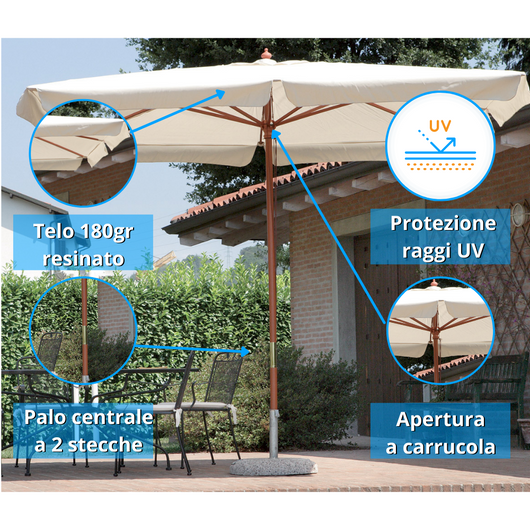 Ombrellone quadrato da giardino 3×3 mt in legno con palo centrale con carrucola Tomaino 1003 