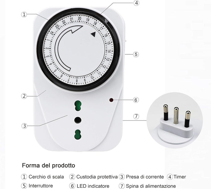 Temporizzatore Meccanico Timer Regolabile 24 Ore Con Spina 16A Presa Bipasso 10/16A Max 3680W