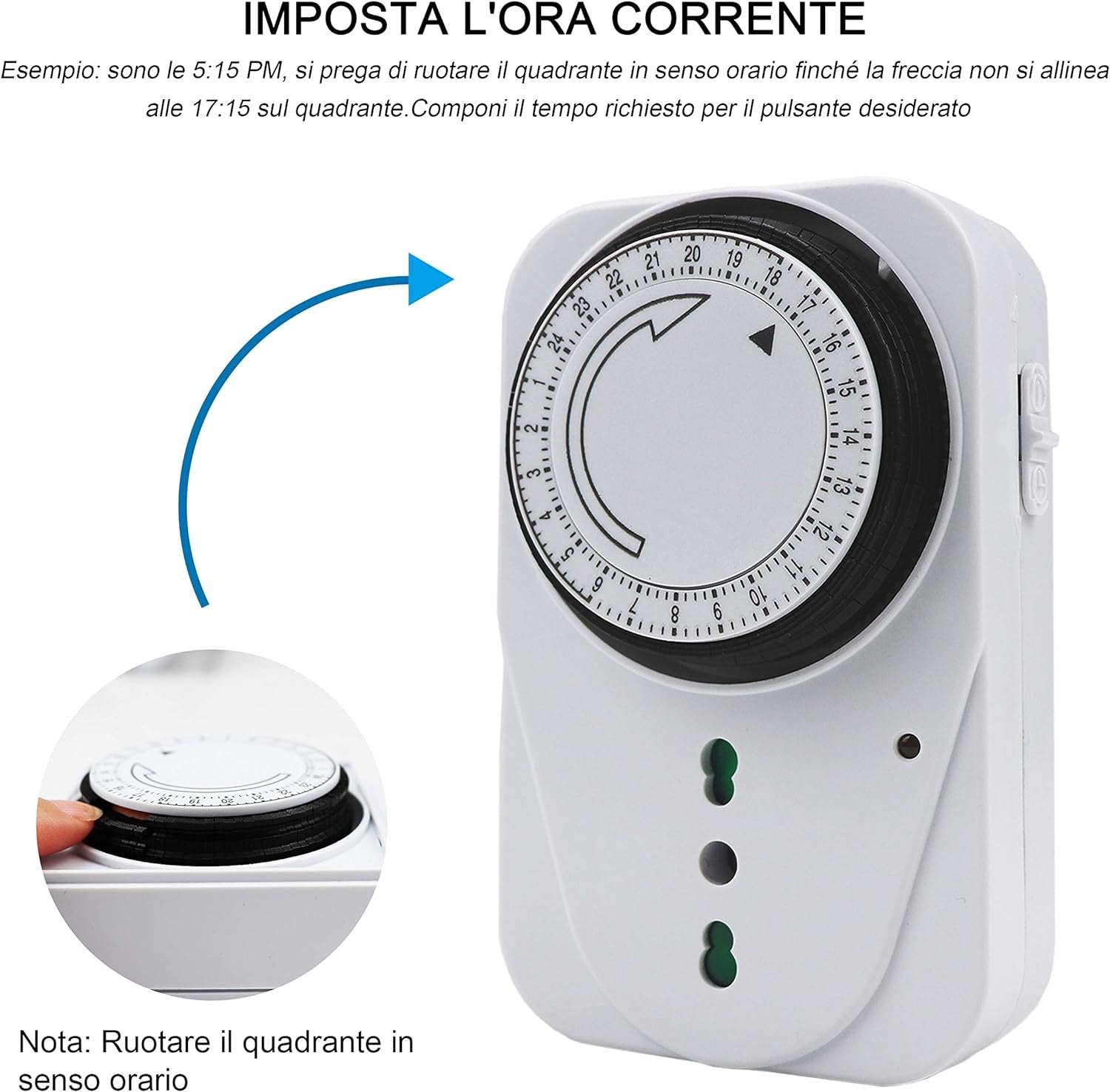 Temporizzatore Meccanico Timer Regolabile 24 Ore Con Spina 16A Presa Bipasso 10/16A Max 3680W