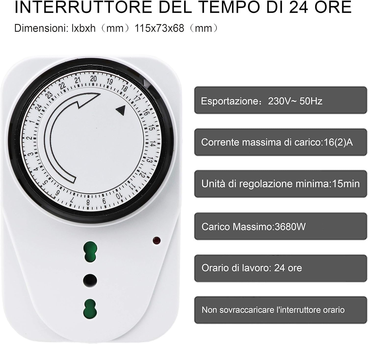 Temporizzatore Meccanico Timer Regolabile 24 Ore Con Spina 16A Presa Bipasso 10/16A Max 3680W