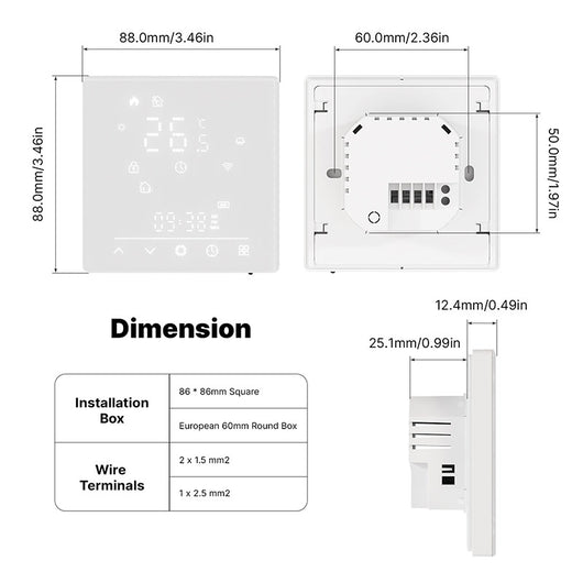 MeanWell Termostato Matter WIFI 2.4G TUYA, Smart Life, Apple Home, Google Home, Alexa, Samsung SmartThings Riscaldamento Pavimento Con Acqua Bianco 5A 95-240V IP20