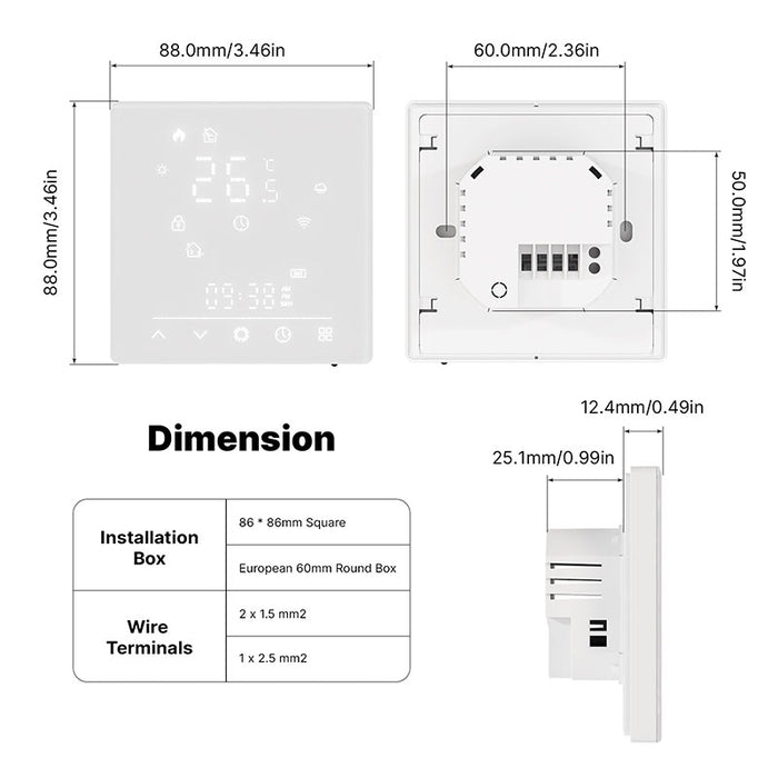 MeanWell Termostato Matter WIFI 2.4G TUYA, Smart Life, Apple Google Home, Alexa, SmartThings Quadrata Compatibile Con Scatola 502 Riscaldamento Caldaia a Gas Bianco 5A 95-240V IP20