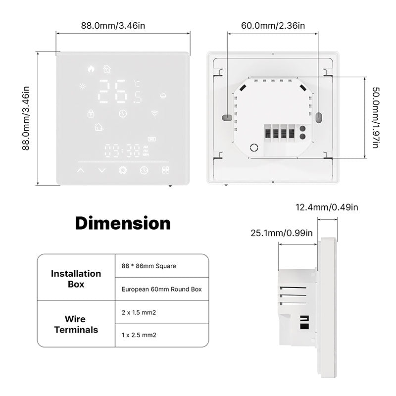 MeanWell Termostato Matter WIFI 2.4G TUYA, Smart Life, Apple Google Home, Alexa, SmartThings Quadrata Compatibile Con Scatola 502 Riscaldamento Caldaia a Gas Bianco 5A 95-240V IP20