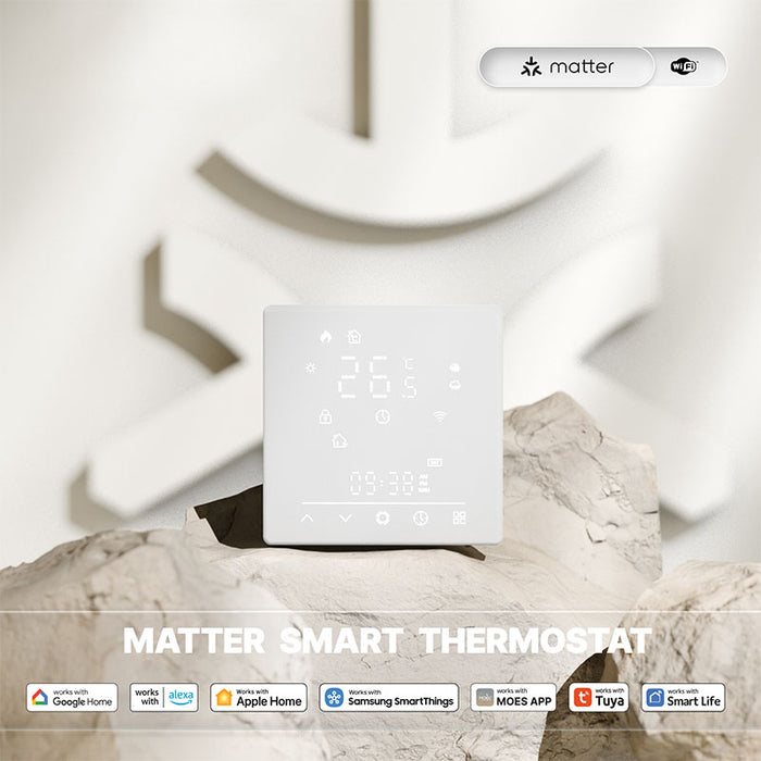 MeanWell Termostato Matter WIFI 2.4G TUYA, Smart Life, Apple Google Home, Alexa, SmartThings Quadrata Compatibile Con Scatola 502 Riscaldamento Caldaia a Gas Bianco 5A 95-240V IP20