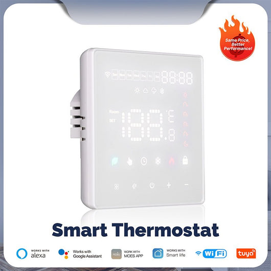 MeanWell Termostato WIFI Touch Protocollo WIFI 2.4G TUYA, Smart Life Quadrata Compatibile Con Scatola 502 Riscaldamento Caldaia a Gas Riscaldamento Pavimento Con Acqua Bianco 3A 100-250V IP20